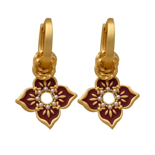 Huggie Hoop Drop Earring, Латунь, с Пластиковая жемчужина, плакирован золотом, Женский & эмаль, красный продается Пара