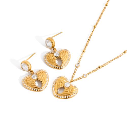 Rhinestone Edelstahl Schmuck Set, Herz, goldfarben plattiert, verschiedene Stile für Wahl & für Frau & mit Strass, keine, verkauft von setzen[