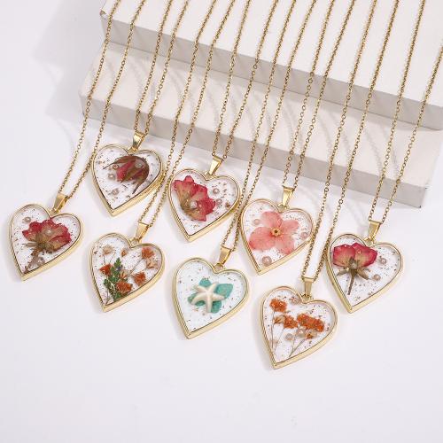 alliage de zinc collier, avec 304 chaîne en acier inoxydable & Fleurs séchées, coeur, Placage de couleur d'or, Chaîne transversale & pour femme & autocollant époxyde, plus de couleurs à choisir Environ 49 cm, Vendu par PC