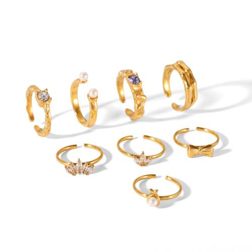 Acier inoxydable 304 Cuff Bague, avec perle de plastique, Placage de couleur d'or, styles différents pour le choix & pavé de micro zircon & pour femme, Vendu par PC