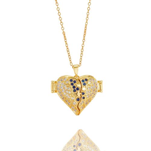 Brass Necklace, Heart, plated, oval chain & for woman & with rhinestone Approx 45 cm 