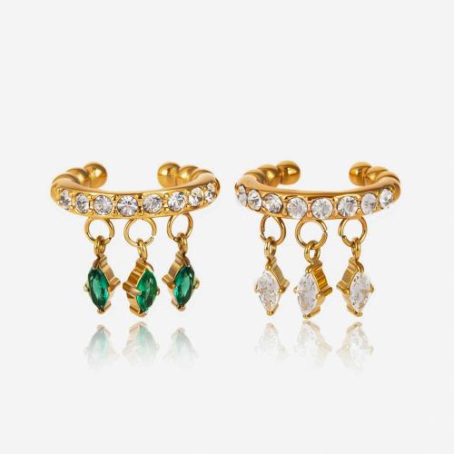 boucle d'oreille de clip en inox, acier inoxydable, Plaqué or 18K, pour femme & avec zircone cubique, plus de couleurs à choisir, Vendu par PC[