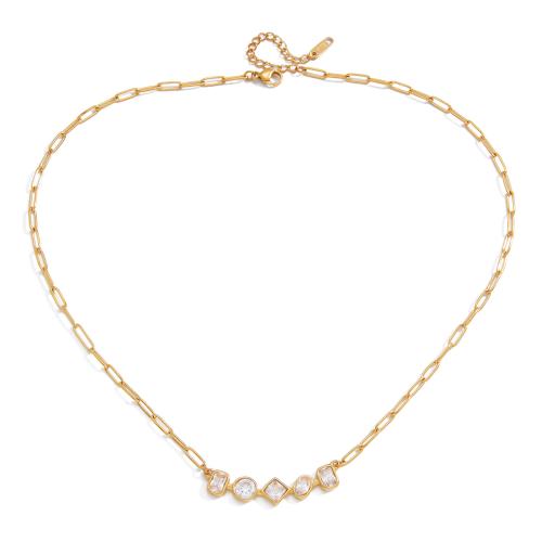 Collier en acier inoxydable Zircon, avec zircon cubique, avec 5cm chaînes de rallonge, Plaqué or 18K, bijoux de mode & chaîne ovale & pour femme Environ 40 cm, Vendu par brin