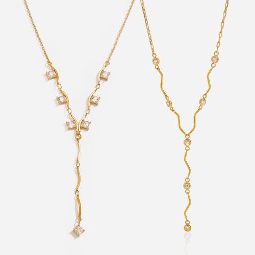 Collier en acier inoxydable Zircon, avec 5cm chaînes de rallonge, Plaqué or 18K, bijoux de mode & styles différents pour le choix & pour femme & avec zircone cubique, plus de couleurs à choisir, Vendu par brin
