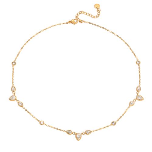 Collier en acier inoxydable Zircon, avec zircon cubique, avec 5cm chaînes de rallonge, Plaqué or 18K, bijoux de mode & pour femme Environ 38 cm, Vendu par brin