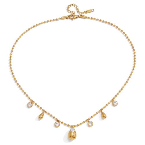 Collier en acier inoxydable Zircon, avec zircon cubique, avec 5cm chaînes de rallonge, Plaqué or 18K, bijoux de mode & chaîne à billes & pour femme Environ 40 cm, Vendu par brin