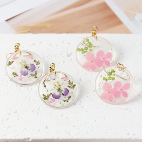 résine Boucle d'oreille goutte, avec Fleurs séchées & Acier inoxydable 304, Plat rond, goutté d'époxy, bijoux de mode & pour femme, plus de couleurs à choisir Vendu par paire