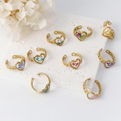 Acier inoxydable 304 Cuff Bague, avec Fleurs séchées, coeur, Placage, pour femme & autocollant époxyde, plus de couleurs à choisir Vendu par PC