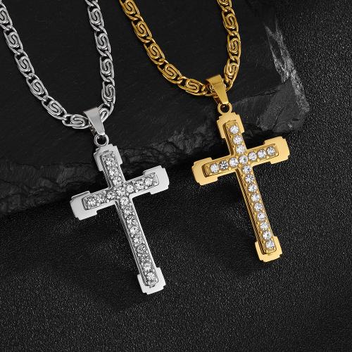 Acier inoxydable 304 collier, croix, Placage ionique sous vide, pour femme & avec strass, plus de couleurs à choisir Environ 60 cm, Vendu par PC