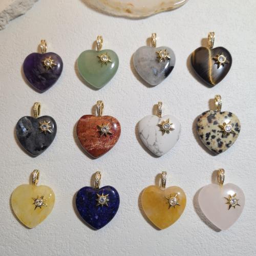 Gemstone Pendantifs en laiton, pierre gemme, avec laiton, coeur, DIY & différents matériaux pour le choix & pavé de micro zircon, 20mm, Vendu par PC