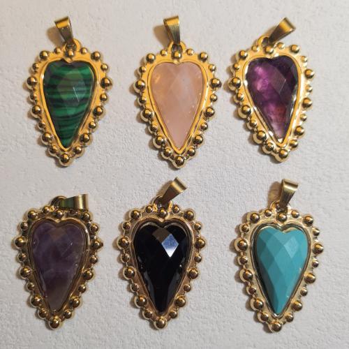Pendentif bijoux de pierre gemme, Acier inoxydable 304, avec pierre gemme, coeur, Placage de couleur d'or, DIY & différents matériaux pour le choix & facettes, 25mm, Vendu par PC