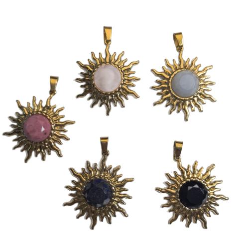 Pendentif bijoux de pierre gemme, Acier inoxydable 304, avec pierre gemme, soleil, Placage de couleur d'or, DIY & différents matériaux pour le choix & facettes Vendu par PC