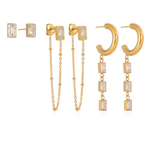 ステンレス　立方ジルコニアのスタッド　イヤリング, ステンレス, とともに キュービックジルコニア, ゴールドメッキ, 6個 & 女性用, 無色, 3ペア/セット, 売り手 セット