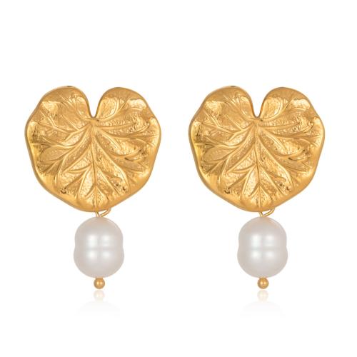 淡水真珠ドロップ イヤリング, ステンレス, とともに 天然有核フレッシュウォーターパール, 蓮の葉, ゴールドメッキ, 女性用, ホワイト 売り手 ペア