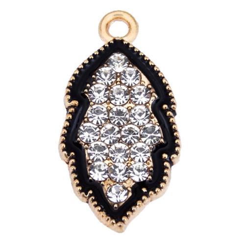 Zinc Alloy Rhinestone Pendants, Leaf, gold color plated, DIY & enamel & with rhinestone, black 