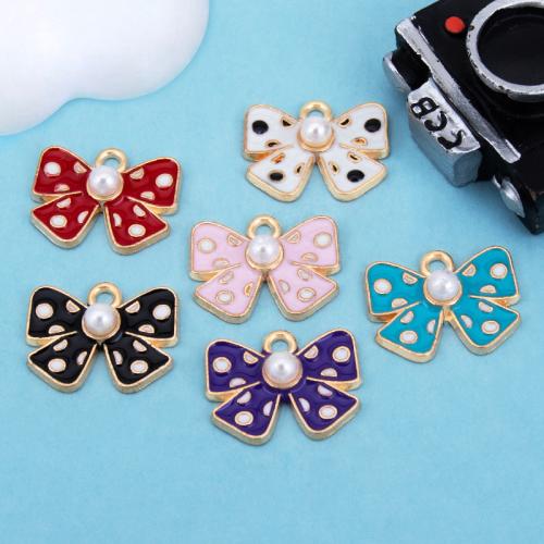 Zinc Alloy Enamel Pendants, with Plastic Pearl, Bowknot, gold color plated, DIY 