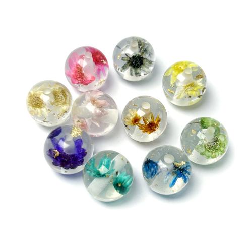 Inner Flower Resin Beads, with Dried Flower & Gold Foil, Round, DIY 16mm Approx 2.5mm 
