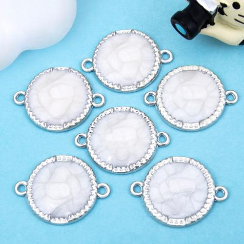 Enamel Zinc Alloy Connector, Flat Round, silver color plated, DIY & 1/1 loop, white 