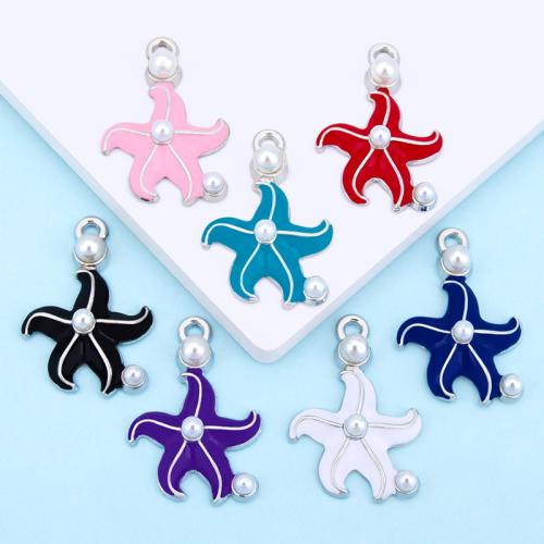 Zinc Alloy Enamel Pendants, with Plastic Pearl, Starfish, silver color plated, DIY 