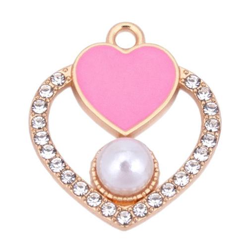 Zinc Alloy Enamel Pendants, with Plastic Pearl, Heart, plated, DIY & micro pave cubic zirconia, pink 