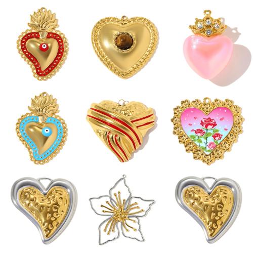 Stainless Steel Heart Pendants, 304 Stainless Steel, with Gemstone & Resin, plated, DIY & enamel & with rhinestone 