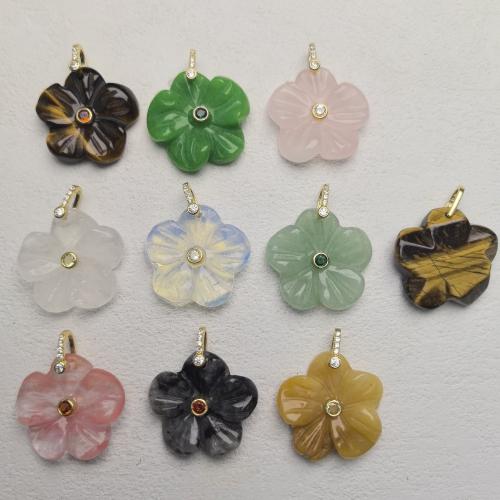 Gemstone Brass Pendants, with Brass, Flower, gold color plated, DIY & micro pave cubic zirconia 