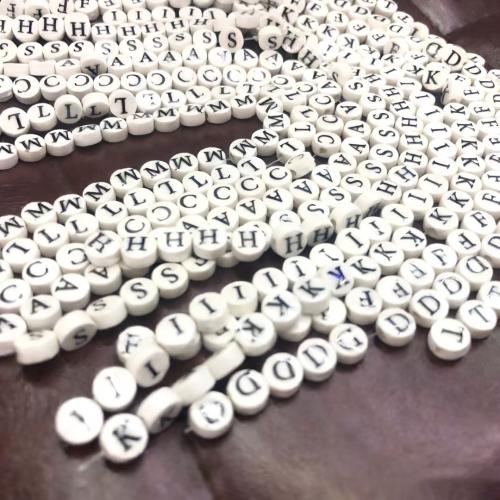 Porcelain Alphabet Beads, Flat Round, painted, DIY white and black, 8mm 