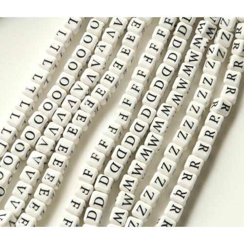 Porcelain Alphabet Beads, Square, printing, DIY white and black, 8mm 