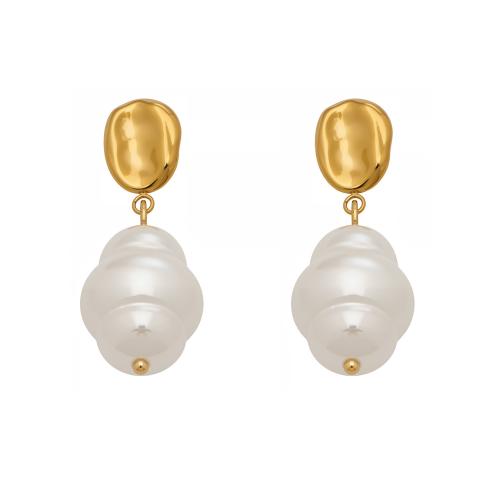 Edelstahl Tropfen Ohrring, mit Kunststoff Perlen, goldfarben plattiert, für Frau, weiß, 13x35mm, verkauft von Paar