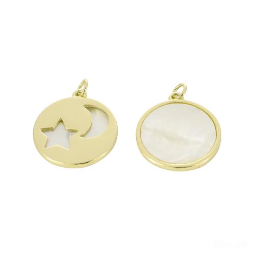 Messing Muschel Anhänger, mit Weiße Muschel, flache Runde, goldfarben plattiert, DIY, 26x21x2mm, verkauft von PC