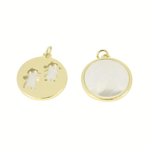 Messing Muschel Anhänger, mit Weiße Muschel, flache Runde, goldfarben plattiert, DIY, 26x21x2mm, verkauft von PC
