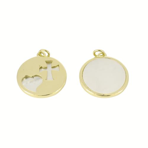 Messing Muschel Anhänger, mit Weiße Muschel, flache Runde, goldfarben plattiert, DIY & hohl, 26x21x2mm, verkauft von PC