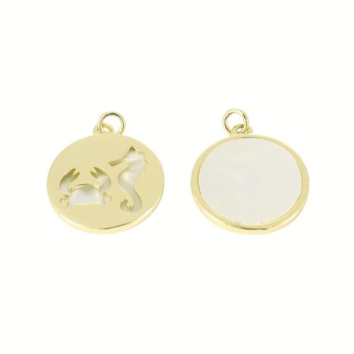 Messing Muschel Anhänger, mit Weiße Muschel, flache Runde, goldfarben plattiert, DIY & hohl, 26x21x2mm, verkauft von PC