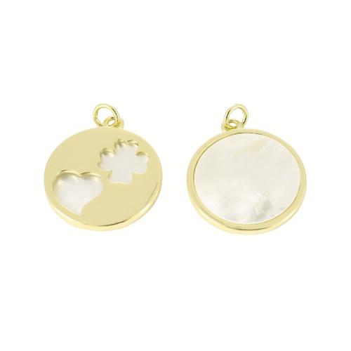 Messing Muschel Anhänger, mit Weiße Muschel, flache Runde, goldfarben plattiert, DIY & hohl, 26x21x2mm, verkauft von PC