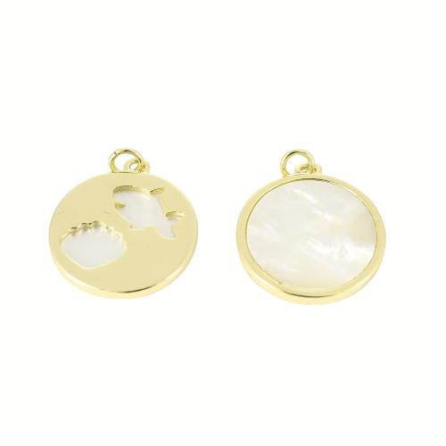 Messing Muschel Anhänger, mit Weiße Muschel, flache Runde, goldfarben plattiert, DIY & hohl, 26x21x2mm, verkauft von PC