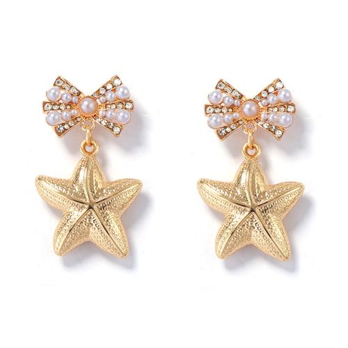 aleación de zinc Pendientes con Colgantes, con Perlas plásticas, chapado en color dorado, Joyería & para mujer & con diamantes de imitación, Blanco, 28x49mm, Vendido por Par