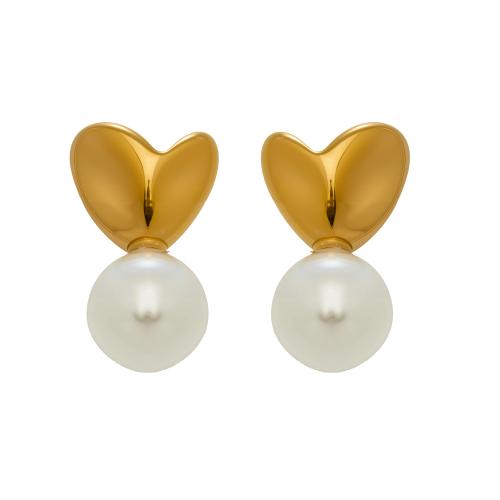 Серьги из нержавеющей стали, нержавеющая сталь, с Пластиковая жемчужина, плакирован золотом, ювелирные изделия моды & Женский, белый продается Пара