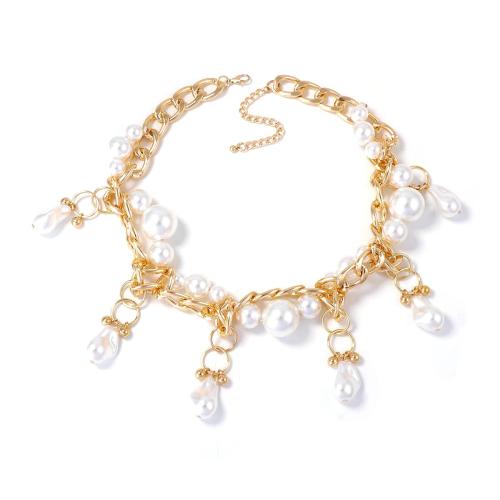 Пластиковый жемчужное ожерелье, цинковый сплав, с Пластиковая жемчужина, с 2.7inch наполнитель цепи, плакирован золотом, ювелирные изделия моды & Женский, белый, длина:Приблизительно 16.9 дюймовый, продается Strand