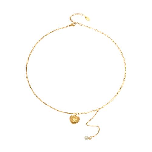 Ожерелье из нержавеющей стали ювелирные изделия, Нержавеющая сталь 304, с Пластиковая жемчужина, с 1.9inch наполнитель цепи, плакирован золотом, ювелирные изделия моды & регулируемый & Женский, длина:Приблизительно 16.1 дюймовый, продается Strand