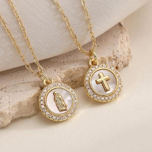 Корень Циркон Микро вымощает латунь ожерелье, Латунь, с Белая ракушка, с 5cm наполнитель цепи, плакированный настоящим золотом, ювелирные изделия моды & регулируемый & разные стили для выбора & инкрустированное микро кубического циркония & Женский, Много цветов для выбора длина:Приблизительно 45 см, продается Strand