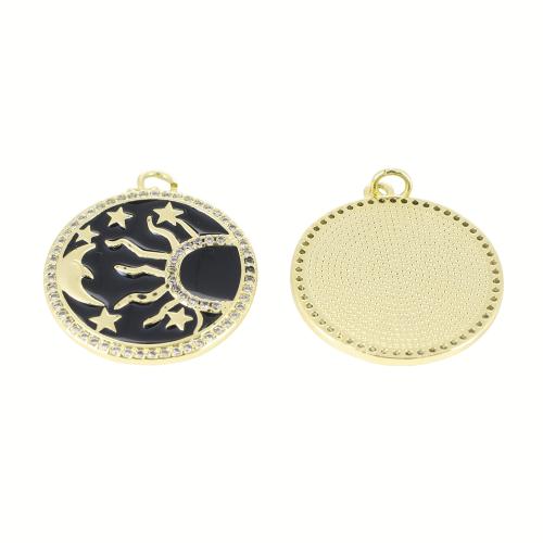 Цирконий Микровымостить латунь подвеска, Латунь, Плоская круглая форма, плакирован золотом, DIY & инкрустированное микро кубического циркония & эмаль продается PC