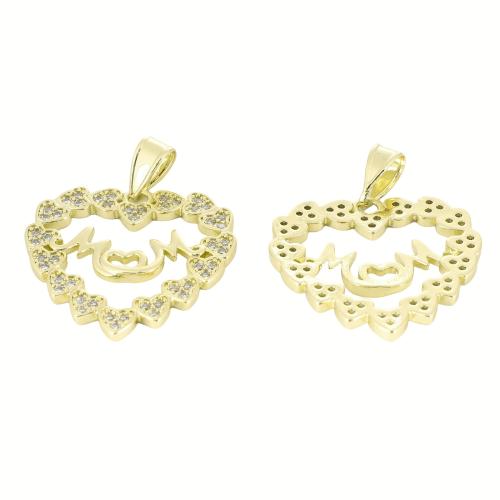 Cubic Zirconia Micro Pave Brass Pendant, Heart, gold color plated, DIY & with letter pattern & micro pave cubic zirconia & hollow 