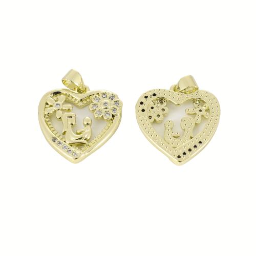 Cubic Zirconia Micro Pave Brass Pendant, Heart, gold color plated, DIY & micro pave cubic zirconia & hollow 