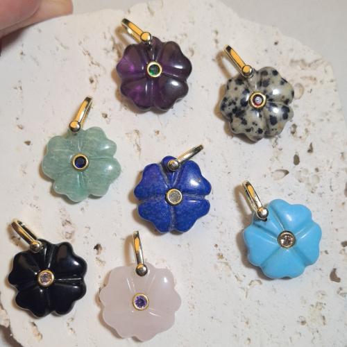 Gemstone Brass Pendants, with Brass, Flower, Carved, DIY & micro pave cubic zirconia, 23mm 
