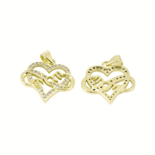 Colgante de Micro Pavé de Zirconía Cúbica, metal, Corazón, chapado en color dorado, Bricolaje & con el patrón de la letra & micro arcilla de zirconia cúbica, 24x20x3mm, Vendido por UD