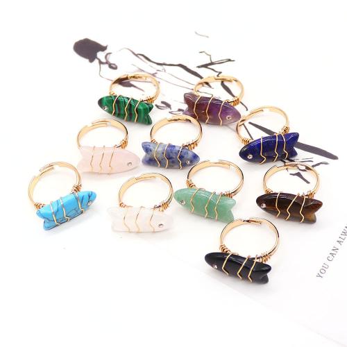 Piedras preciosas Anillo de dedo Cuff, con acero inoxidable 304, Pez, chapado en color dorado, diferentes materiales para la opción & unisexo & con diamantes de imitación, gemstone size 12x23mm, Vendido por UD