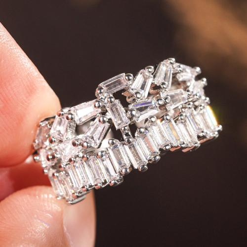 metal Anillo de dedo Cuff, Patrón Geométrico, chapado en platina real, micro arcilla de zirconia cúbica & para mujer, tamaño:6-10, Vendido por UD