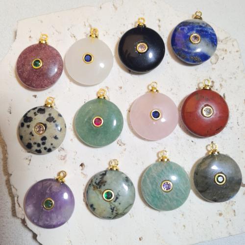 Gemstone ювелирные изделия Кулон, Полудрагоценный камень, Плоская круглая форма, DIY & различные материалы для выбора & инкрустированное микро кубического циркония, 20mm, продается PC