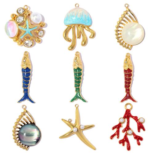 Edelstahl Tier Anhänger, 304 Edelstahl, mit ABS-Kunststoff-Perlen & Edelstein & Muschel, goldfarben plattiert, DIY & verschiedene Stile für Wahl & Emaille & mit Strass, 3PCs/Tasche, verkauft von Tasche