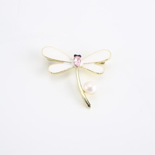 Freshwater Pearl Brooch, Zinc Alloy, with Freshwater Pearl, Dragonfly, gold color plated, for woman & enamel & with rhinestone 